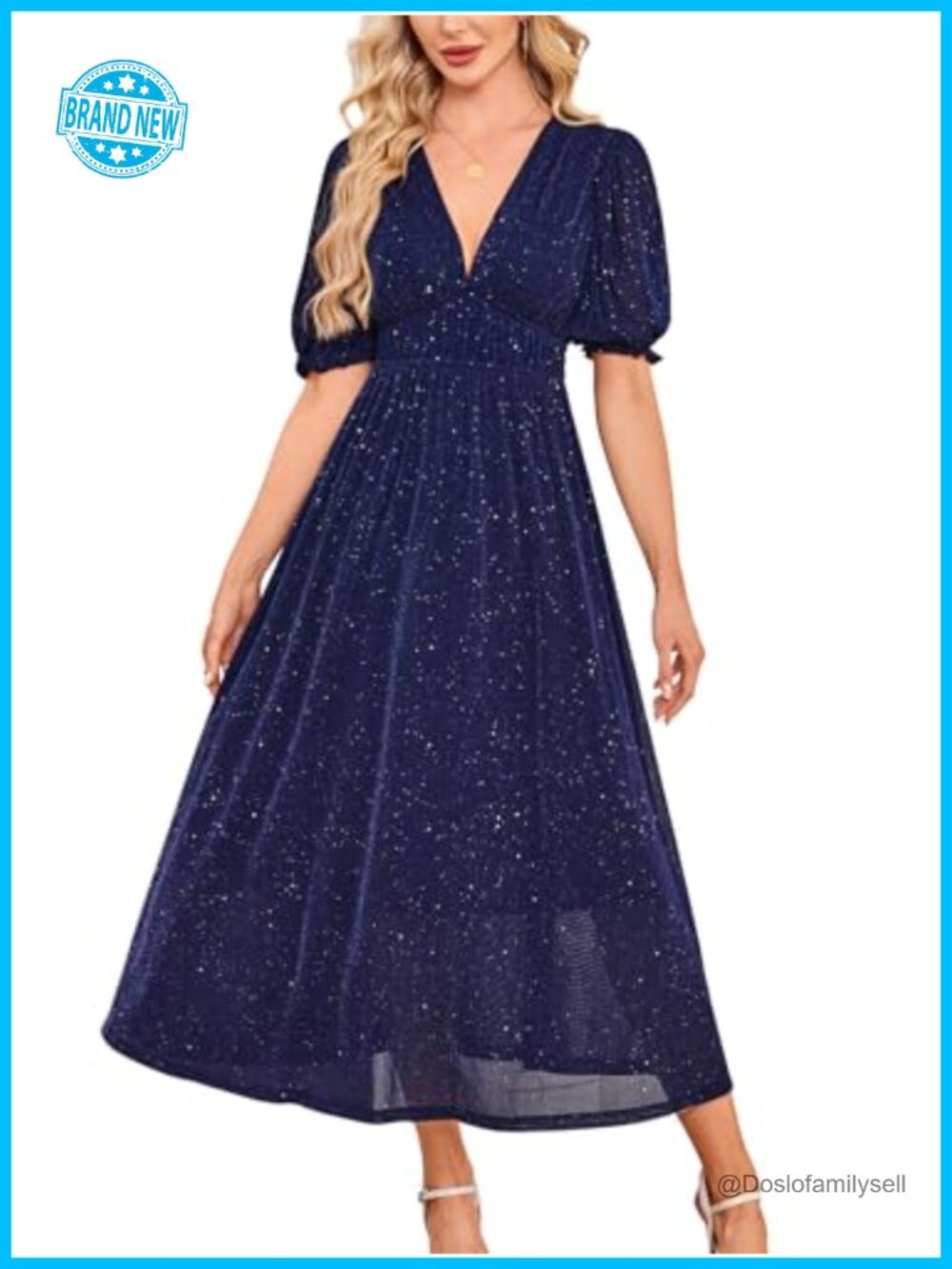 Sparkly Sequin Midi Cocktail Dress V-Neck Puff Sleeve Formal Party
